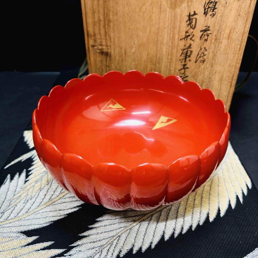 木製　漆器　鶴蒔絵菊形菓子鉢　1客　共箱 エンタメ/ホビーの美術品/アンティーク(漆芸)の商品写真