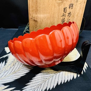 木製　漆器　鶴蒔絵菊形菓子鉢　1客　共箱(漆芸)
