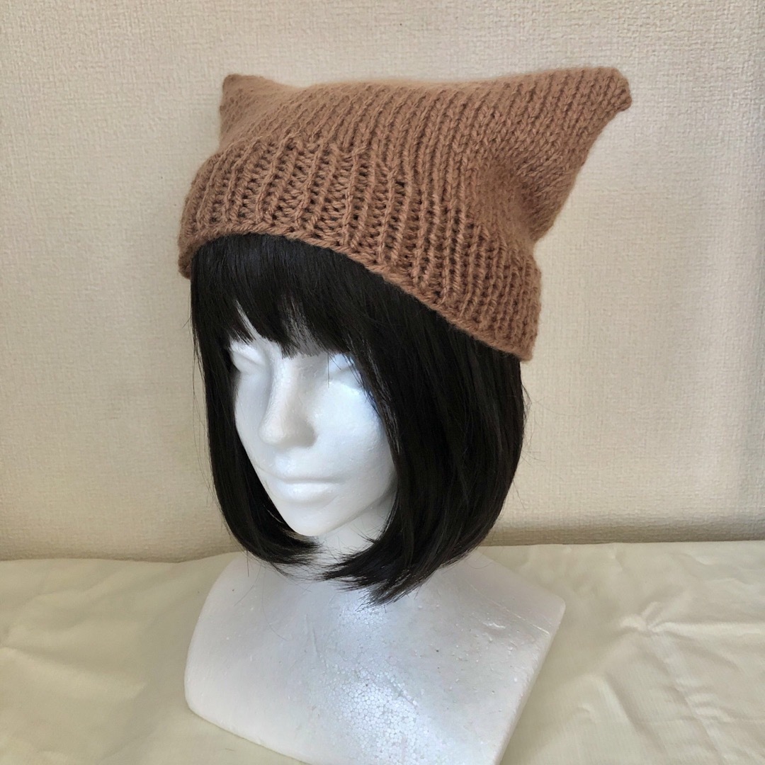 猫耳ニット帽子　ブラウン ハンドメイドのファッション小物(帽子)の商品写真