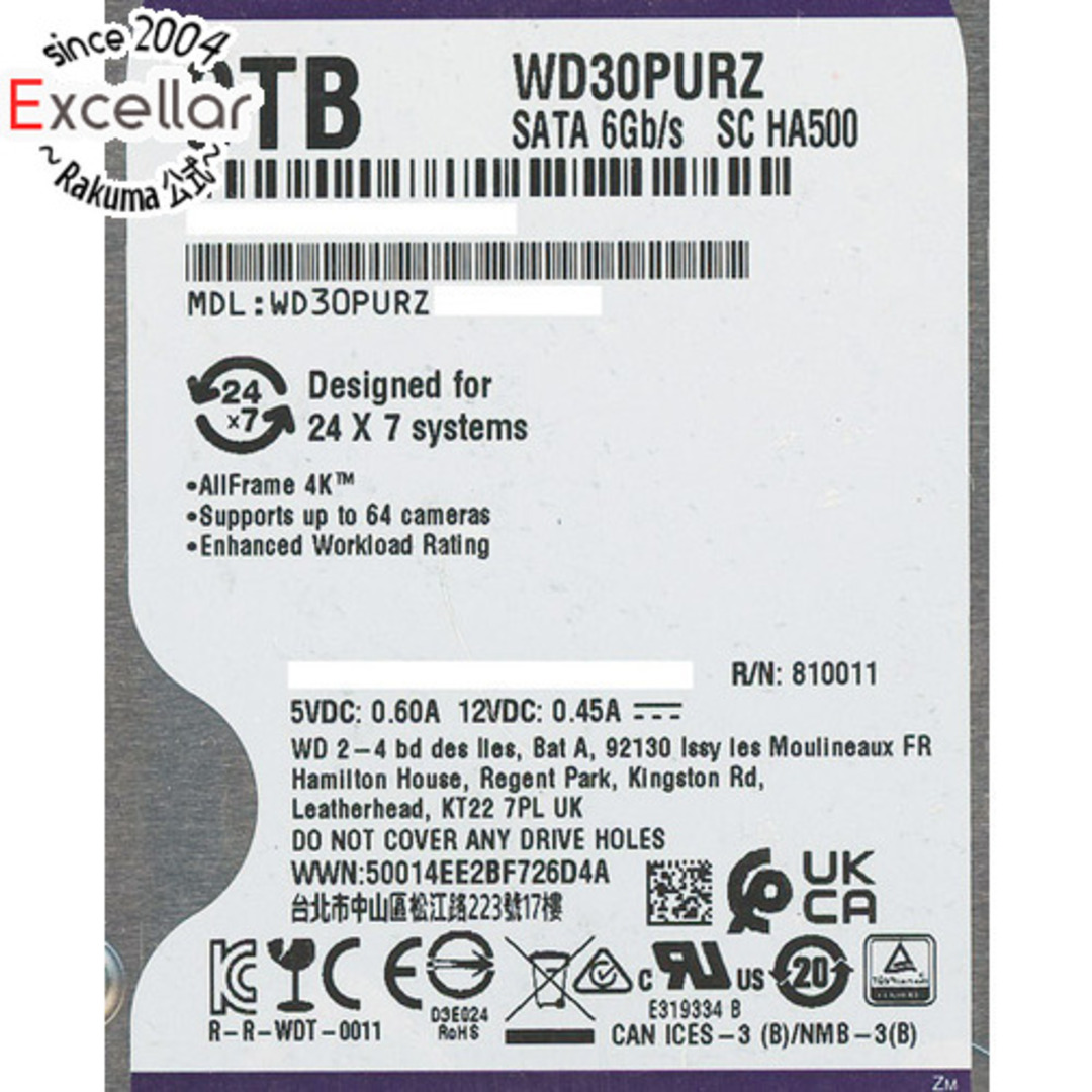 Western Digital(ウェスタンデジタル)のWestern Digital製HDD　WD30PURZ　3TB SATA600 5400　14000～15000時間以内 スマホ/家電/カメラのPC/タブレット(PC周辺機器)の商品写真