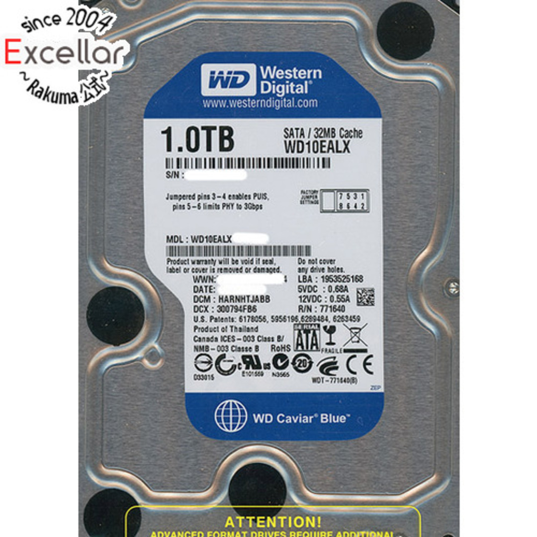 Western Digital(ウェスタンデジタル)のWestern Digital製HDD　WD10EALX　1TB SATA600　3000～4000時間以内 スマホ/家電/カメラのPC/タブレット(PC周辺機器)の商品写真