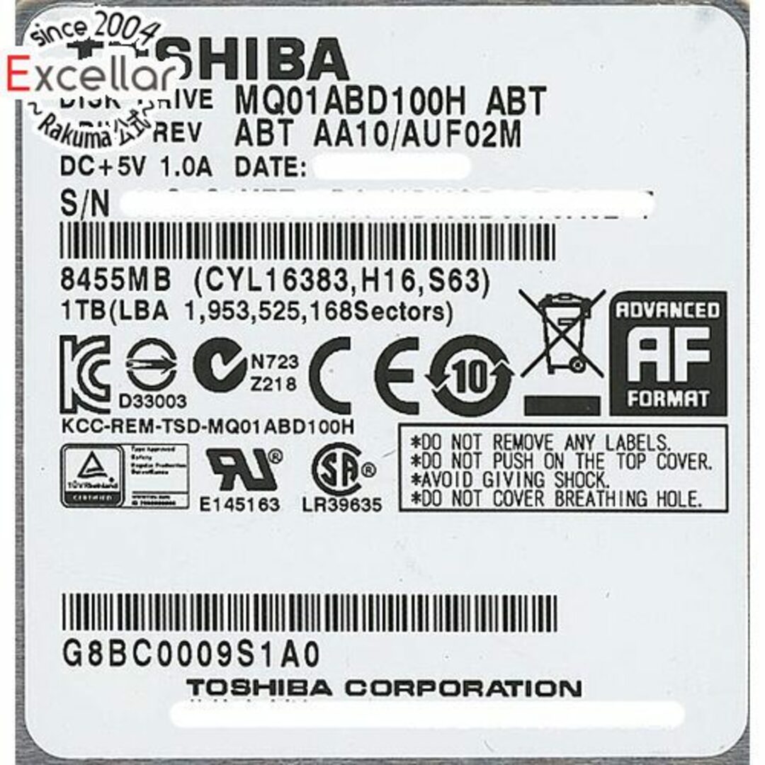 東芝(トウシバ)のTOSHIBA(東芝) ノート用HDD 2.5inch　MQ01ABD100H　1TB　5000～6000時間以内 スマホ/家電/カメラのPC/タブレット(PC周辺機器)の商品写真