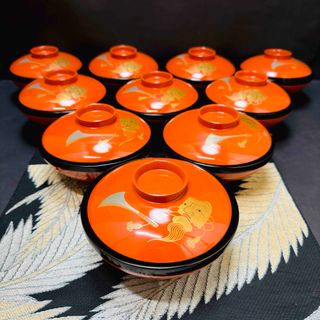 漆器　輪島塗　金蒔絵　沈金　木製　蓋付椀　お煮物椀　吸物椀　10客　共箱(漆芸)