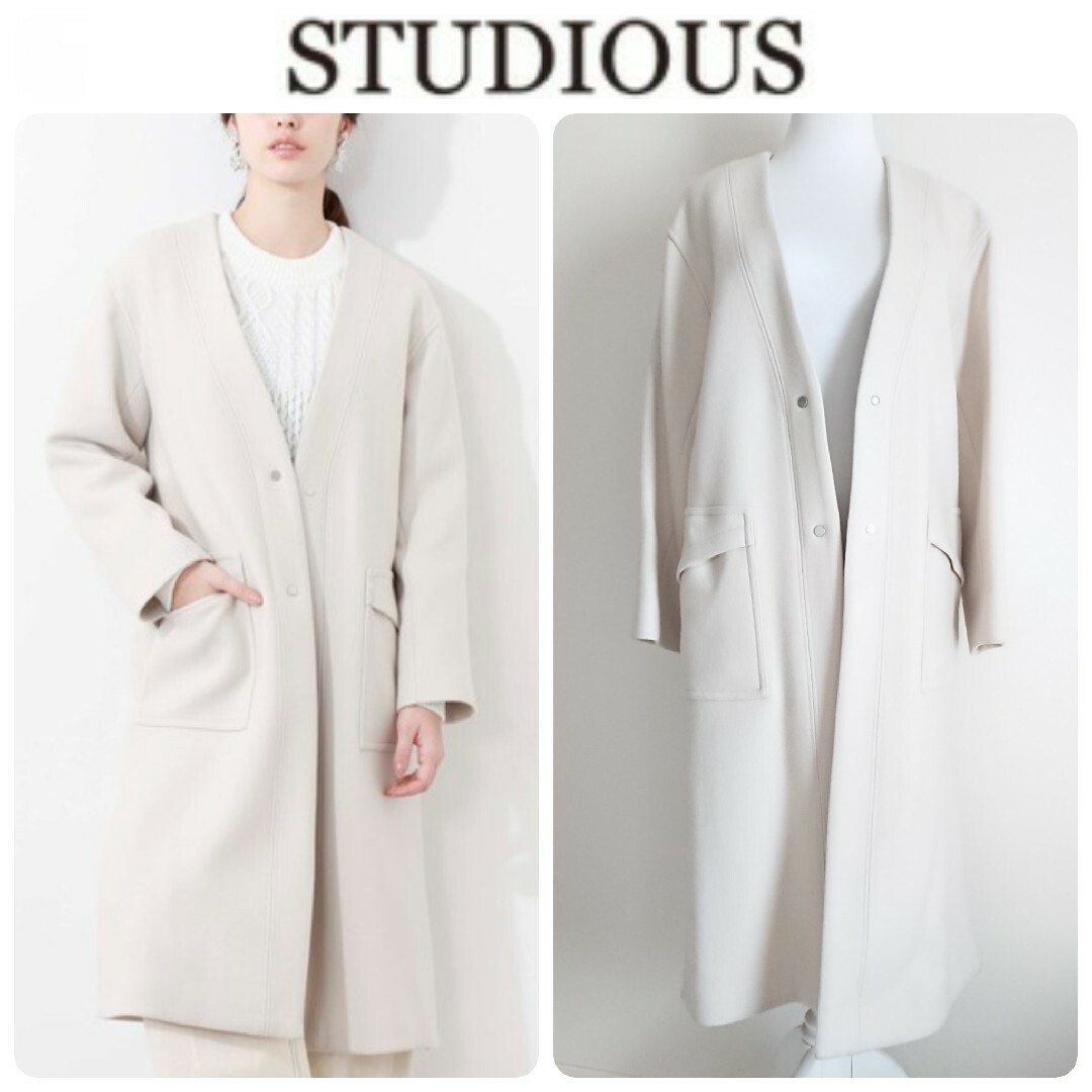 STUDIOUS(ステュディオス)のVネックノーカラータックコート アイボリー系 １ステュディオス ￥46,200 レディースのジャケット/アウター(ロングコート)の商品写真