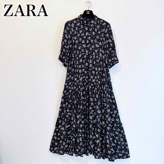 ザラ(ZARA)のZARA 花柄ロングワンピース フレアワンピース フラワープリント ブラック 黒(ロングワンピース/マキシワンピース)