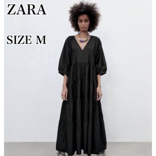 ザラ(ZARA)の【美品】ZARA ポプリンパネルティアードワンピース ロングワンピ ブラック M(ロングワンピース/マキシワンピース)