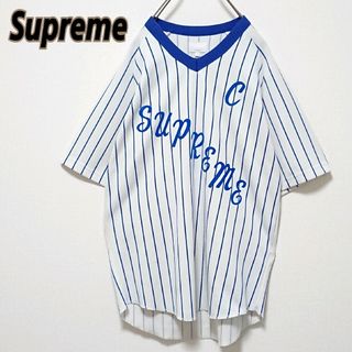 シュプリーム(Supreme)の美品 希少 シュプリーム 両面 ロゴ ストライプ 柄 ベースボール シャツ(Tシャツ/カットソー(半袖/袖なし))