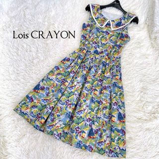 ロイスクレヨン(Lois CRAYON)のロイスクレヨン 花柄 襟付き タック チュール フレア ワンピース マルチカラー(ひざ丈ワンピース)