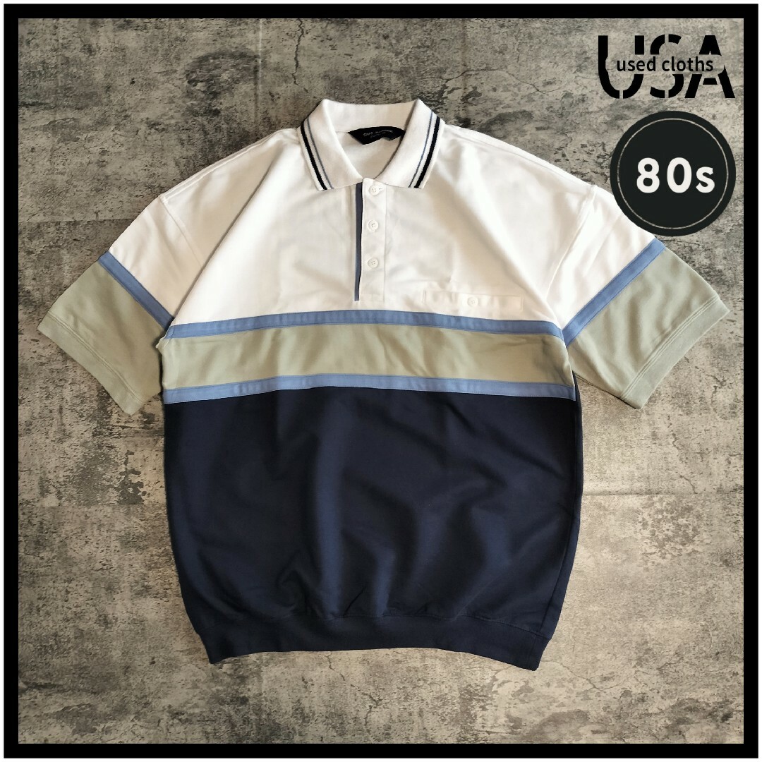 【C126】USA古着 80s~90s 切替 半袖ポロリブシャツ マリン メンズのトップス(ポロシャツ)の商品写真