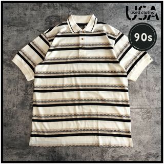 【C127】GREG NORMAN 90s USA古着 ボーダーリブ袖ポロシャツ(ポロシャツ)