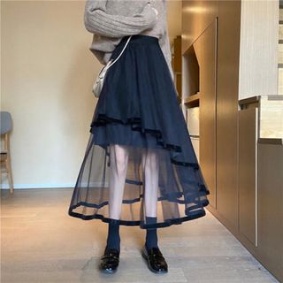 【大人気SALE❣️アシンメトリー モード フレアスカート ブラック】(ロングスカート)