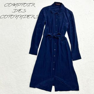 コントワーデコトニエ(Comptoir des cotonniers)のコントワーデコトニエ　シャツワンピース　ネイビー　リボン　シルク　上品　7号(ロングワンピース/マキシワンピース)