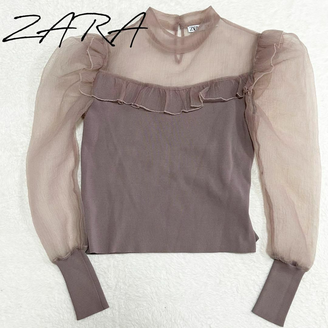 ZARA(ザラ)の【美品】ZARA ザラ　ブラウス　シースルー　パフスリーブ　ピンク　切り替え レディースのトップス(シャツ/ブラウス(長袖/七分))の商品写真