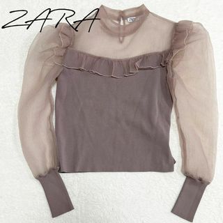 ザラ(ZARA)の【美品】ZARA ザラ　ブラウス　シースルー　パフスリーブ　ピンク　切り替え(シャツ/ブラウス(長袖/七分))