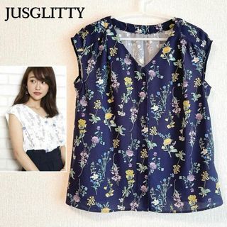 ジャスグリッティー(JUSGLITTY)のボタニカル柄が可愛い♪ フレンチスリーブ　Vネックブラウス　M ネイビー(シャツ/ブラウス(半袖/袖なし))