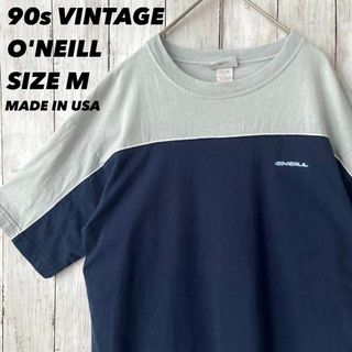 90sヴィンテージ USA製古着　O'NEILL 切替カラー刺繍ロゴTシャツ　M(Tシャツ/カットソー(半袖/袖なし))