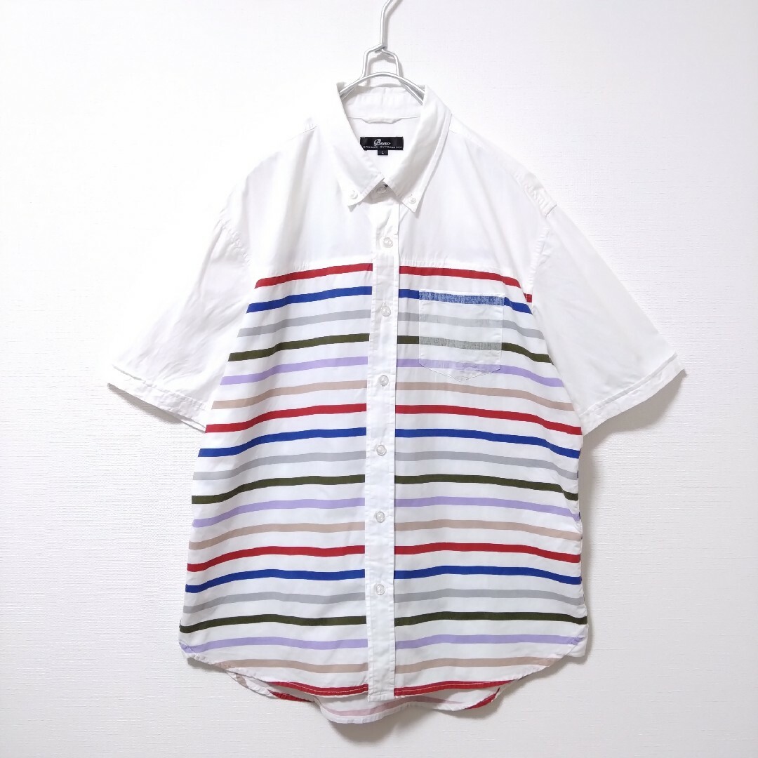 シャツ　メンズ　半袖　白　ホワイト　ボーダー　ボタンダウン　オーバーサイズ　L メンズのトップス(シャツ)の商品写真