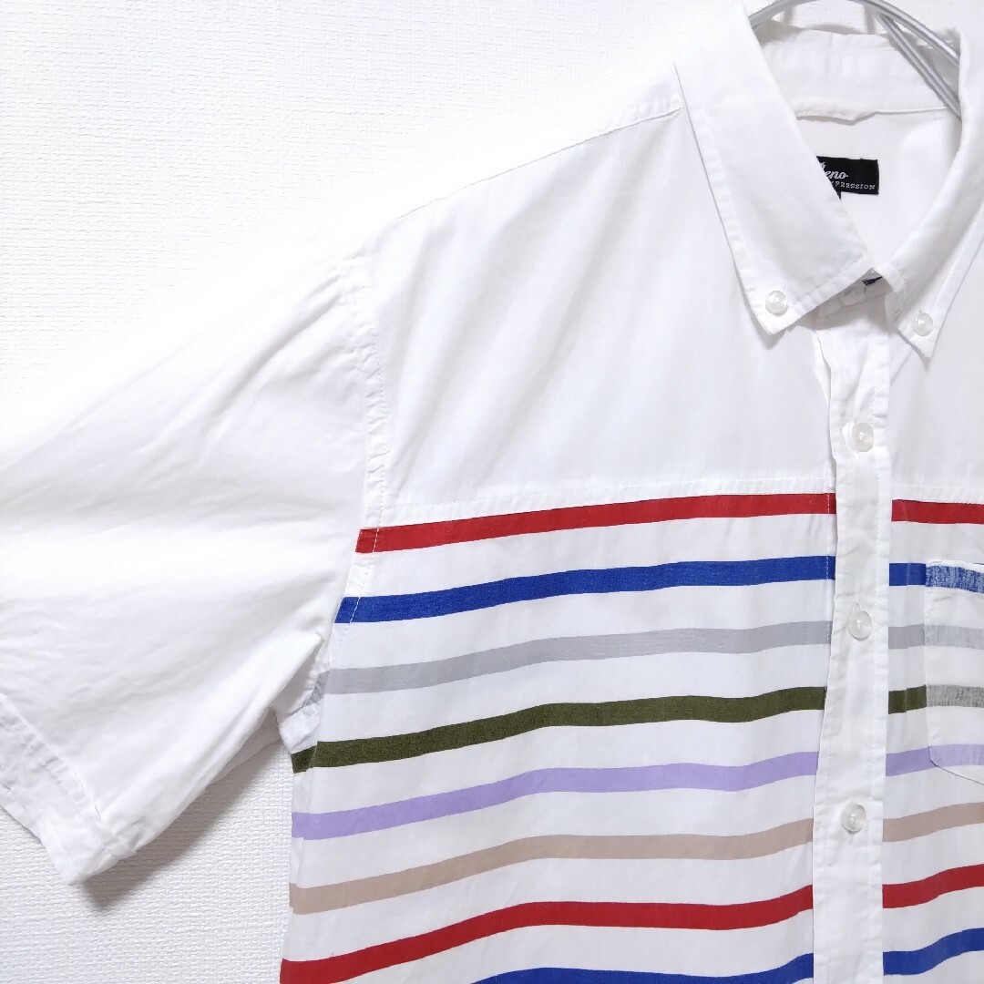 シャツ　メンズ　半袖　白　ホワイト　ボーダー　ボタンダウン　オーバーサイズ　L メンズのトップス(シャツ)の商品写真
