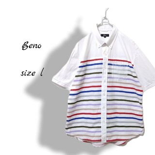 シャツ　メンズ　半袖　白　ホワイト　ボーダー　ボタンダウン　オーバーサイズ　L(シャツ)