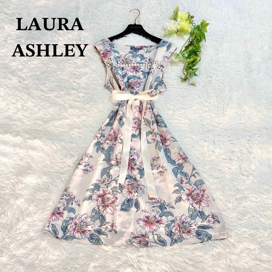 LAURA ASHLEY(ローラアシュレイ)の美品 ローラアシュレイ  希少サイズ ノースリーブワンピース リネン  麻 花柄 レディースのワンピース(ロングワンピース/マキシワンピース)の商品写真