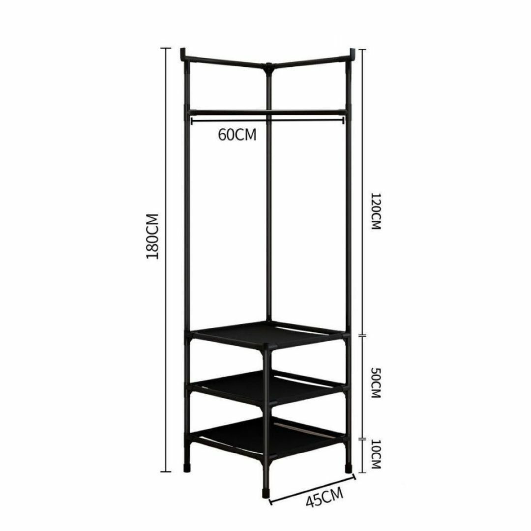 ハンガーラック コーナーハンガー パイプラック 3段棚 黒 正 方形収納 インテリア/住まい/日用品の収納家具(棚/ラック/タンス)の商品写真