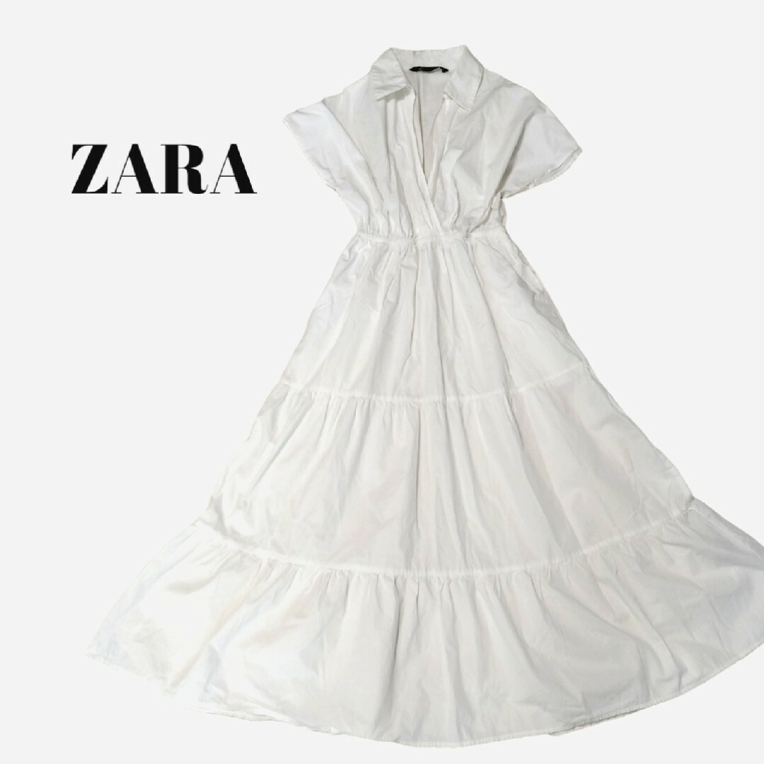 ZARA(ザラ)のZARA　ロングワンピース　シャツワンピース　ティアード　フリル　ホワイト レディースのワンピース(ロングワンピース/マキシワンピース)の商品写真