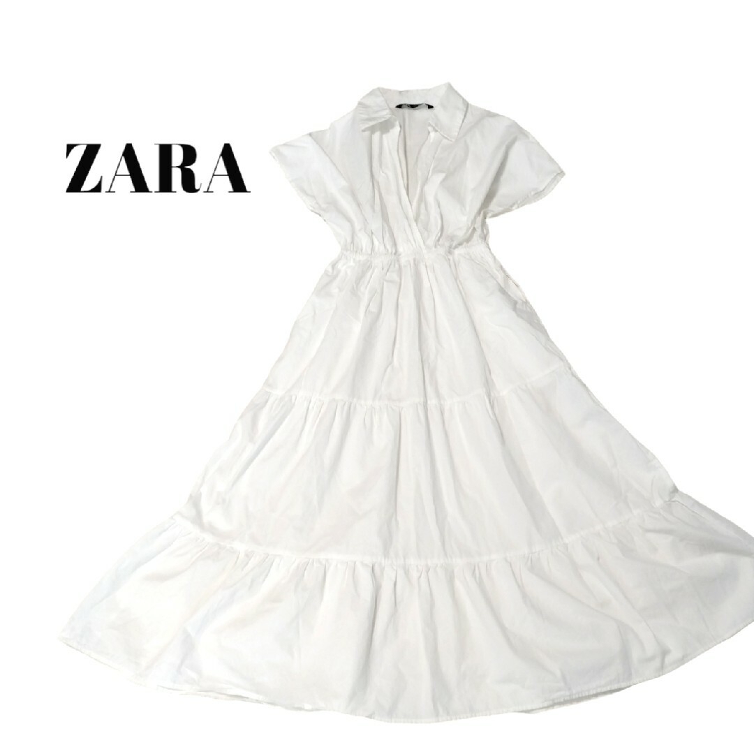 ZARA(ザラ)のZARA　ロングワンピース　シャツワンピース　ティアード　フリル　ホワイト レディースのワンピース(ロングワンピース/マキシワンピース)の商品写真