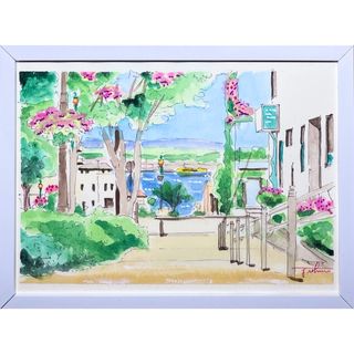 手描き　水彩画　函館　海の見える花一杯の坂道(絵画/タペストリー)