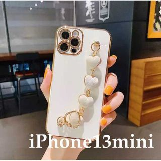 iPhone 13mini ケース ホワイト ハートチェーン カバー ストラップ(iPhoneケース)