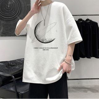 カジュアル　韓国　ブラック　月　Tシャツ　ストリート　半袖　オールシーズン　白(Tシャツ/カットソー(半袖/袖なし))