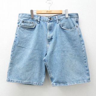 ラングラー(Wrangler)のW39★古着 ラングラー Wrangler ハーフ パンツ ショーツ メンズ コットン 紺 ネイビー デニム 24apr19 中古 ボトムス 短パン ショーパン ショート(ワークパンツ/カーゴパンツ)