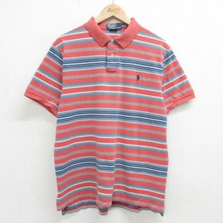 ラルフローレン(Ralph Lauren)のXL★古着 ラルフローレン Ralph Lauren 半袖 ブランド ポロ シャツ メンズ 90年代 90s ワンポイントロゴ 鹿の子 コットン ピンク系他 ボーダー 24apr19 中古 トップス(ポロシャツ)