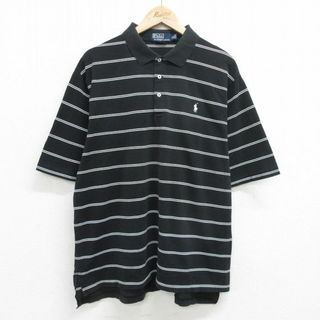 ラルフローレン(Ralph Lauren)のXL★古着 ラルフローレン Ralph Lauren 半袖 ブランド ポロ シャツ メンズ 90年代 90s ワンポイントロゴ 鹿の子 コットン 黒他 ブラック ボーダー 24apr19 中古 トップス(ポロシャツ)