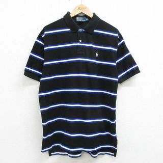 ラルフローレン(Ralph Lauren)のXL★古着 ラルフローレン Ralph Lauren 半袖 ブランド ポロ シャツ メンズ 90年代 90s ワンポイントロゴ 鹿の子 コットン 黒他 ブラック ボーダー 24apr19 中古 トップス(ポロシャツ)