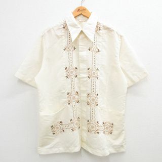 XL★古着 半袖 キューバ シャツ メンズ 70年代 70s 刺繍 薄黄他 イエロー 24apr19 中古 トップス(シャツ)