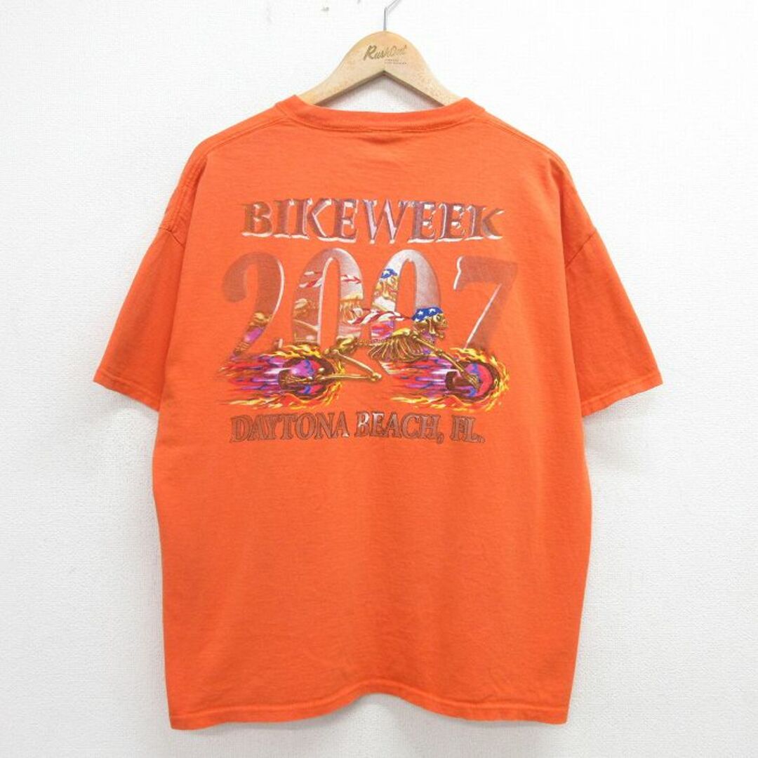 XL★古着 半袖 ビンテージ Tシャツ メンズ 00年代 00s バイク スケルトン デイトナビーチ 大きいサイズ コットン クルーネック オレンジ 24apr19 中古 メンズのトップス(Tシャツ/カットソー(半袖/袖なし))の商品写真