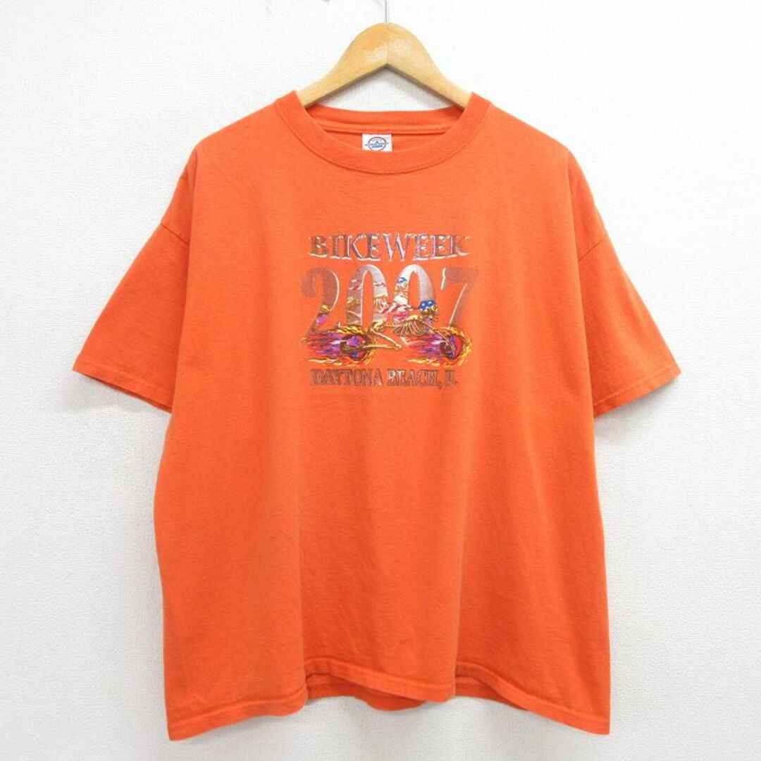 XL★古着 半袖 ビンテージ Tシャツ メンズ 00年代 00s バイク スケルトン デイトナビーチ 大きいサイズ コットン クルーネック オレンジ 24apr19 中古 メンズのトップス(Tシャツ/カットソー(半袖/袖なし))の商品写真