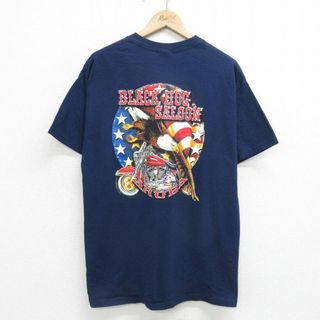 ヘインズ(Hanes)のL★古着 ヘインズ Hanes 半袖 ビンテージ Tシャツ メンズ 00年代 00s バイク ワシ 星条旗 コットン クルーネック 紺 ネイビー 24apr19 中古(Tシャツ/カットソー(半袖/袖なし))