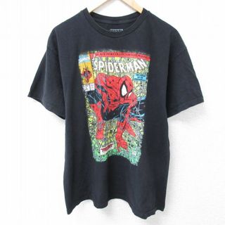 マーベル(MARVEL)のL★古着 半袖 Tシャツ メンズ マーベル スパイダーマン コットン クルーネック 黒 ブラック 24apr19 中古(Tシャツ/カットソー(半袖/袖なし))