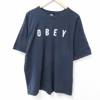 オベイ(OBEY)のXL★古着 オベイ OBEY 半袖 Tシャツ メンズ ビッグロゴ コットン クルーネック 黒 ブラック 24apr19 中古(Tシャツ/カットソー(半袖/袖なし))