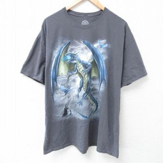 XL★古着 半袖 Tシャツ メンズ ドラゴン 大きいサイズ コットン クルーネック 濃グレー 24apr19 中古(Tシャツ/カットソー(半袖/袖なし))