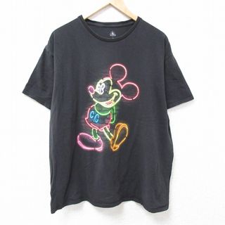 ディズニー(Disney)のXL★古着 半袖 Tシャツ メンズ ディズニー DISNEY ミッキー MICKEY MOUSE ネオン 大きいサイズ コットン クルーネック 黒 ブラック 24apr19 中古(Tシャツ/カットソー(半袖/袖なし))