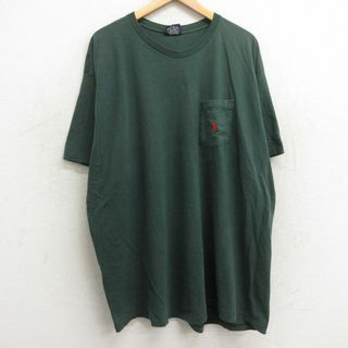 ラルフローレン(Ralph Lauren)のXL★古着 ラルフローレン Ralph Lauren 半袖 ビンテージ ブランド Tシャツ メンズ 90年代 90s ワンポイントロゴ 胸ポケット付き 大きいサイズ ロング丈 コットン クルーネック USA製 緑 グリーン 24apr19 中古(Tシャツ/カットソー(半袖/袖なし))