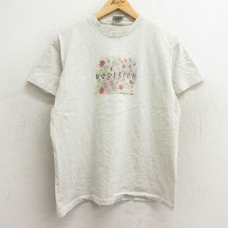 ウールリッチ(WOOLRICH)のL★古着 ウールリッチ WOOLRICH 半袖 ビンテージ Tシャツ メンズ 90年代 90s ビッグロゴ 葉 コットン クルーネック USA製 薄グレー 霜降り 24apr19 中古(Tシャツ/カットソー(半袖/袖なし))