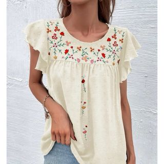 シーイン(SHEIN)のSHEIN 花柄刺繍ブラウス カットソー大きいサイズ XL アプリコット(カットソー(半袖/袖なし))