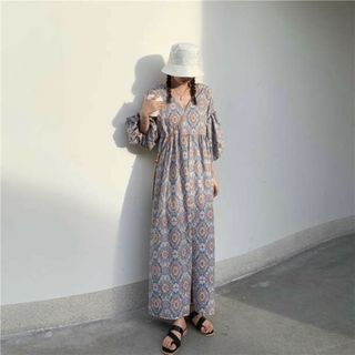 限定SALE　ゆったり レディース ペイズリー柄 ロングワンピース 5分袖 (ロングワンピース/マキシワンピース)