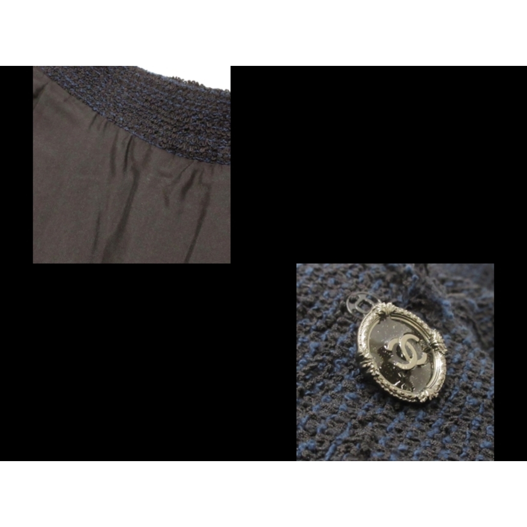 CHANEL(シャネル)のCHANEL(シャネル) スカートスーツ サイズ36 S レディース - P45108/45116 黒×ダークネイビー ツイード/フリンジ/ダブルブレスト/ラメボタン/長袖/ひざ丈/2013年 綿、ナイロン レディースのフォーマル/ドレス(スーツ)の商品写真