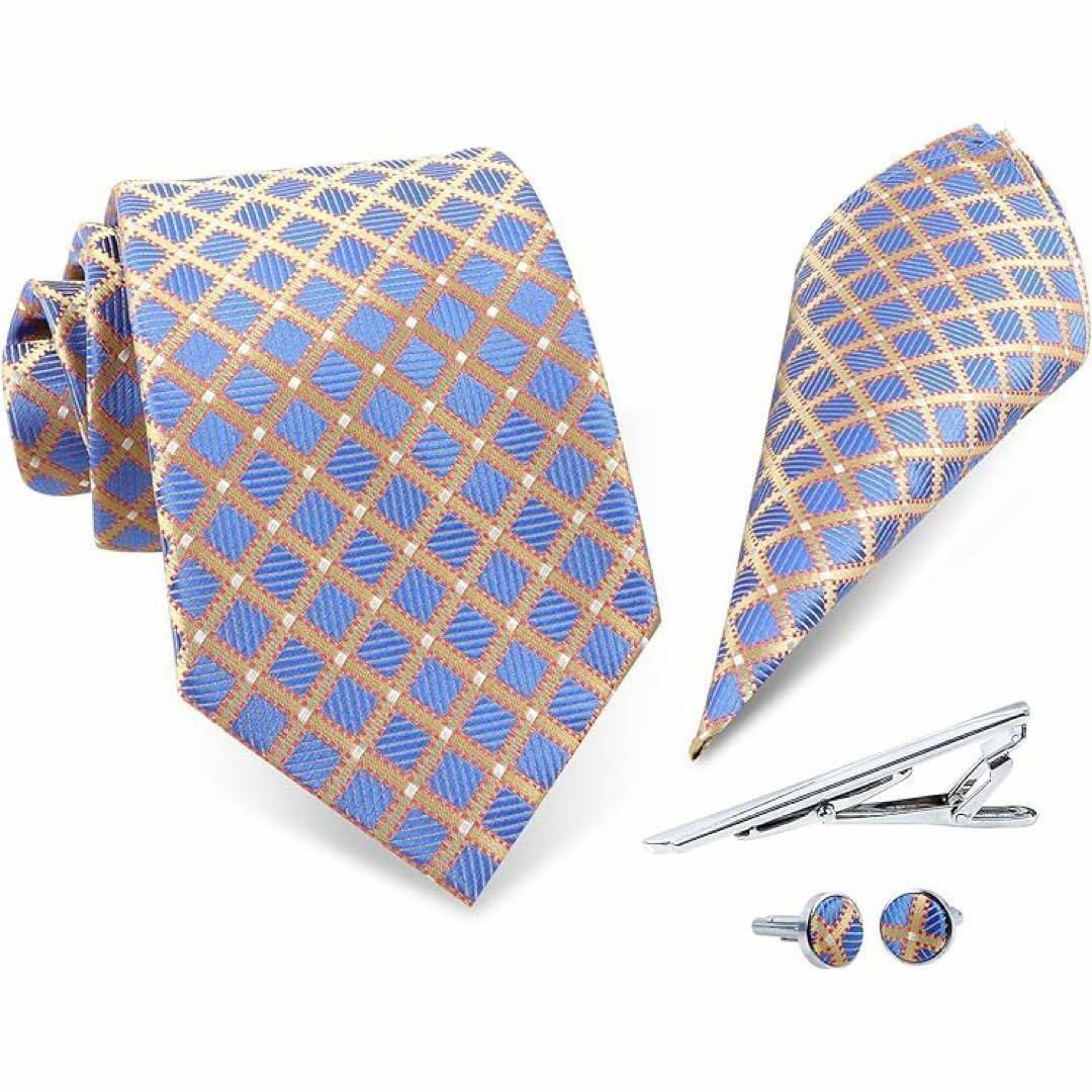 4点セット☘️ ネクタイ ポケットチーフ タイピン カブスボタン 水色 チェック メンズのファッション小物(ネクタイ)の商品写真
