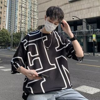 【大人気】メンズ Ｔシャツ  5分袖 ビッグシルエット ブラック XL 韓国(Tシャツ/カットソー(半袖/袖なし))