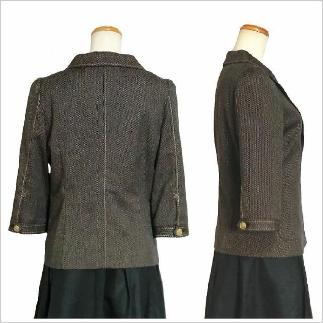 Rouge vif(ルージュヴィフ)の〈Rouge vif〉黒ベージュ織り込みジャケット 六分袖 七分袖 日本製 M位 レディースのジャケット/アウター(その他)の商品写真